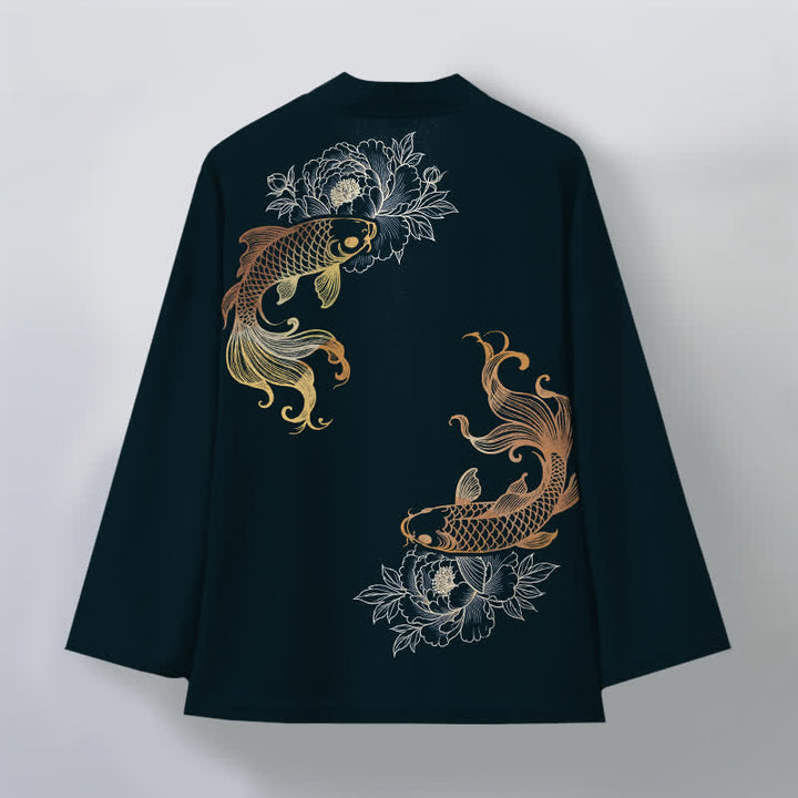 Buddha Stones Kimono de hombre de algodón con estampado de flores de koi y frente abierto. - image 11