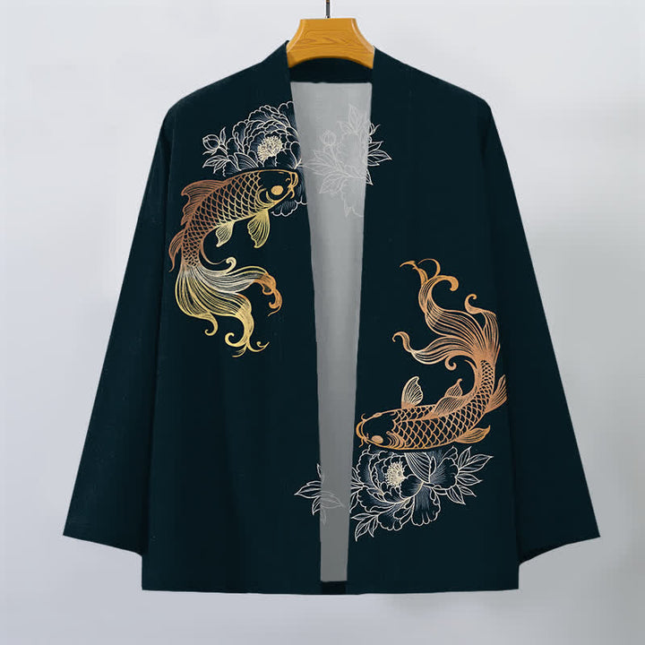 Buddha Stones Kimono de hombre de algodón con estampado de flores de koi y frente abierto. - image 10