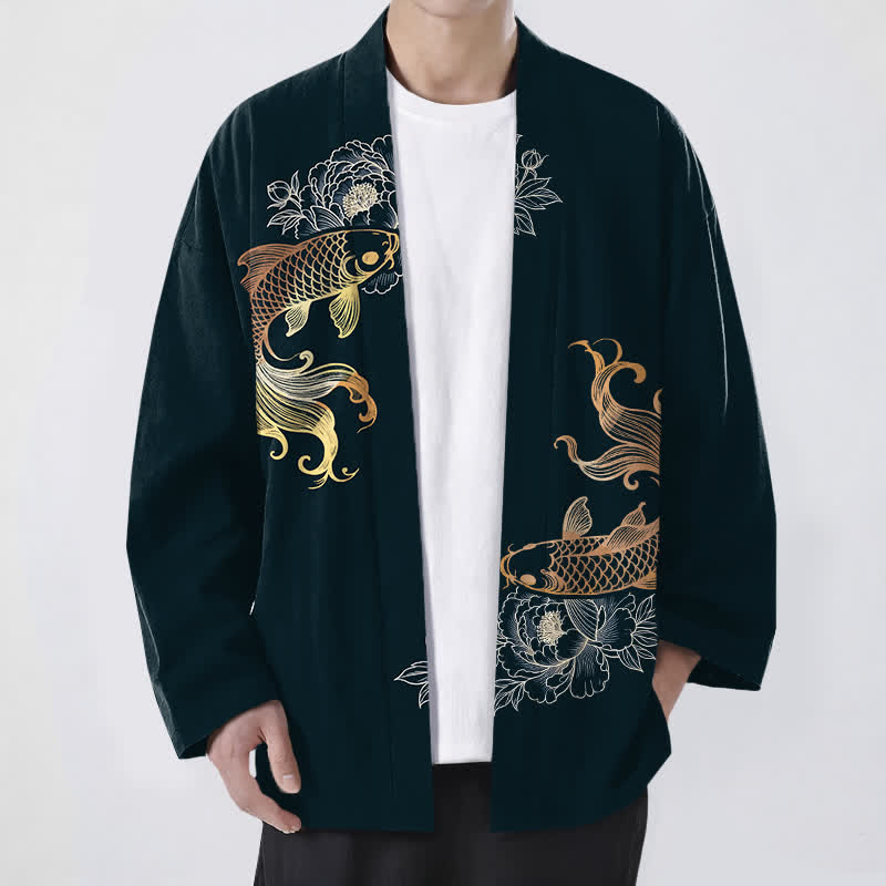 Buddha Stones Kimono de hombre de algodón con estampado de flores de koi y frente abierto. - Gris pizarra oscuro - US/UK/AU48, UE58 (4XL) - image 9