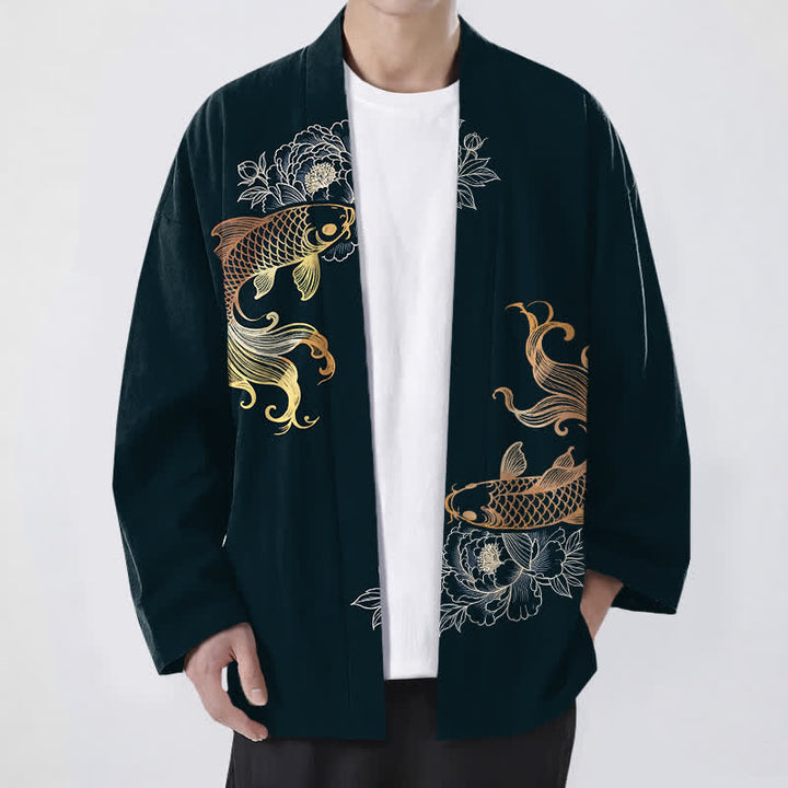 Buddha Stones Kimono de hombre de algodón con estampado de flores de koi y frente abierto. - Gris pizarra oscuro - US/UK/AU48, UE58 (4XL) - image 9