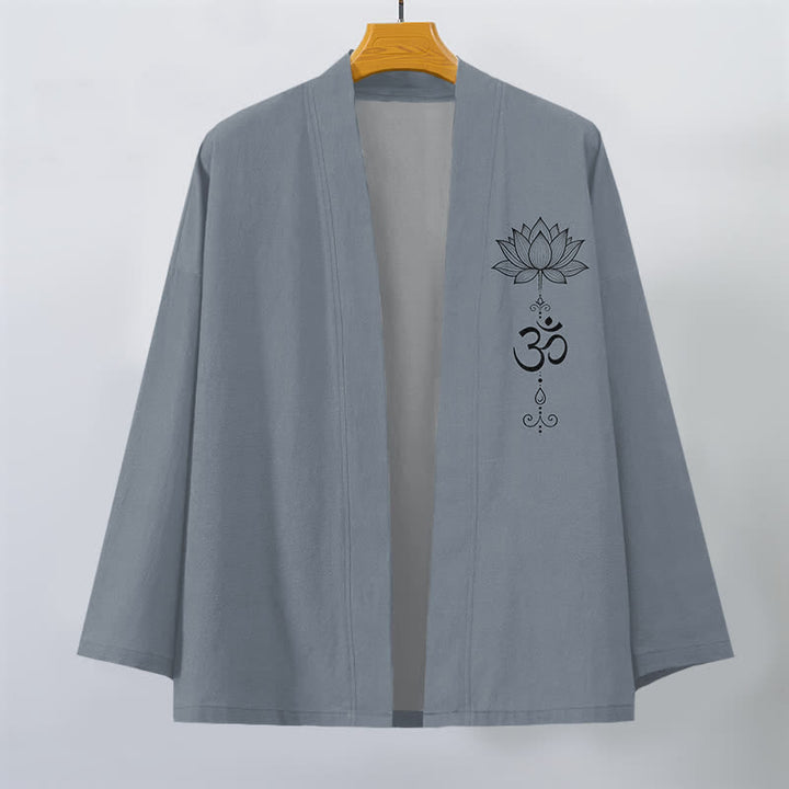 Buddha Stones Kimono de algodón con estampado Zen Lotus y frente abierto para hombre - image 1