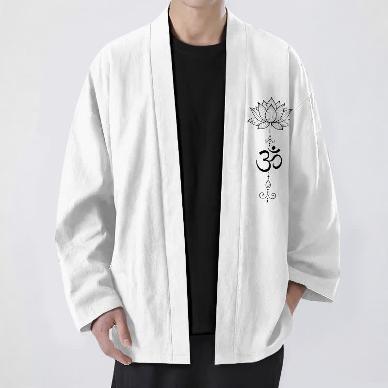 Buddha Stones Kimono de algodón con estampado Zen Lotus y frente abierto para hombre - Blanco - US/UK/AU48, UE58 (4XL) - image 9