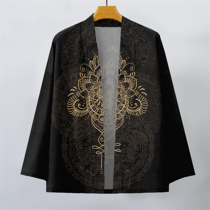Buddha Stones Kimono de hombre de algodón con estampado floral simétrico tipo mandala y frente abierto. - image 1