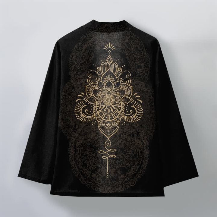 Buddha Stones Kimono de hombre de algodón con estampado floral simétrico tipo mandala y frente abierto. - image 2