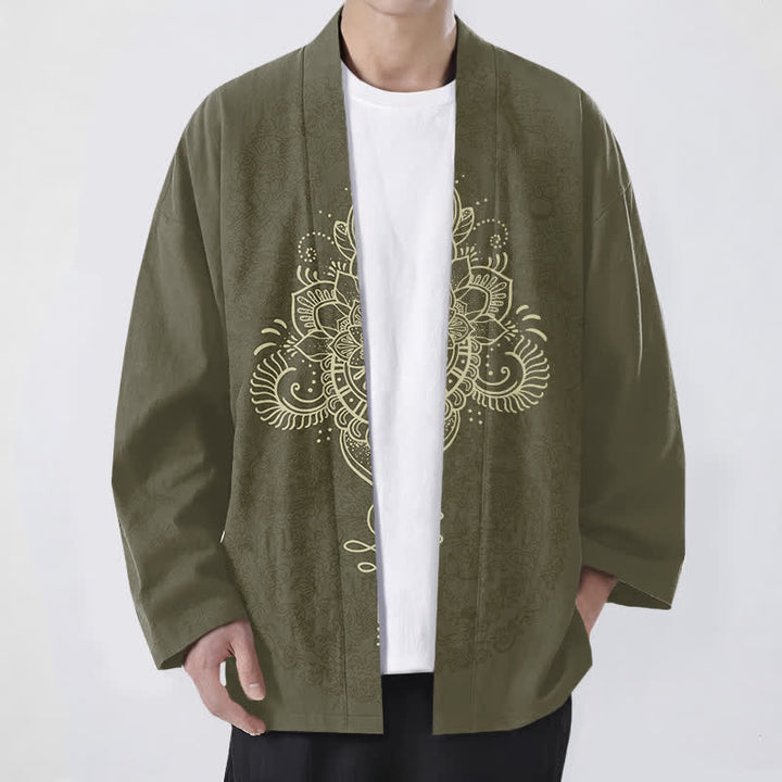 Buddha Stones Kimono de hombre de algodón con estampado floral simétrico tipo mandala y frente abierto. - Aceituna - US/UK/AU48, UE58 (4XL) - image 6