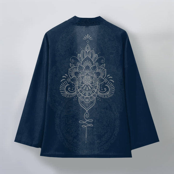 Buddha Stones Kimono de hombre de algodón con estampado floral simétrico tipo mandala y frente abierto. - image 11