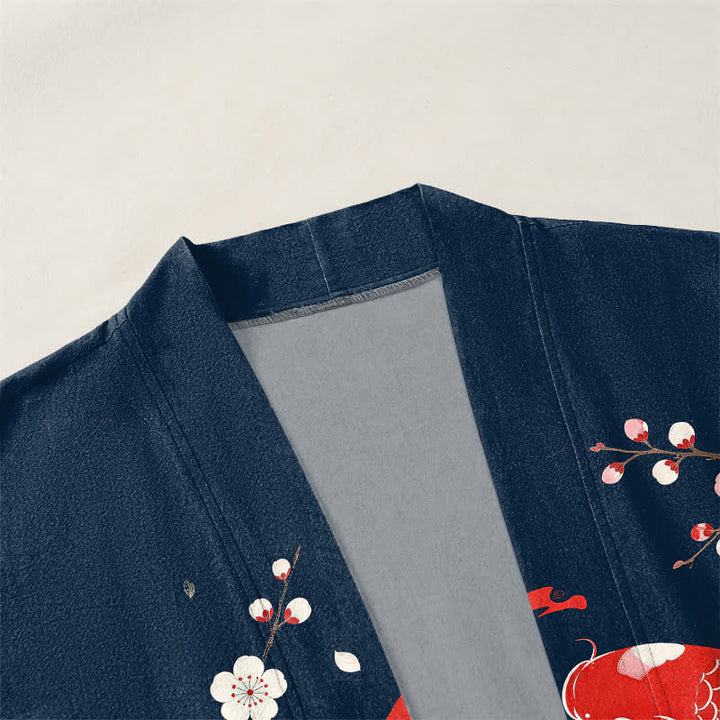 Buddha Stones Kimono de hombre de algodón con estampado de olas de carpas koi y flores de cerezo, con frente abierto. - image 3