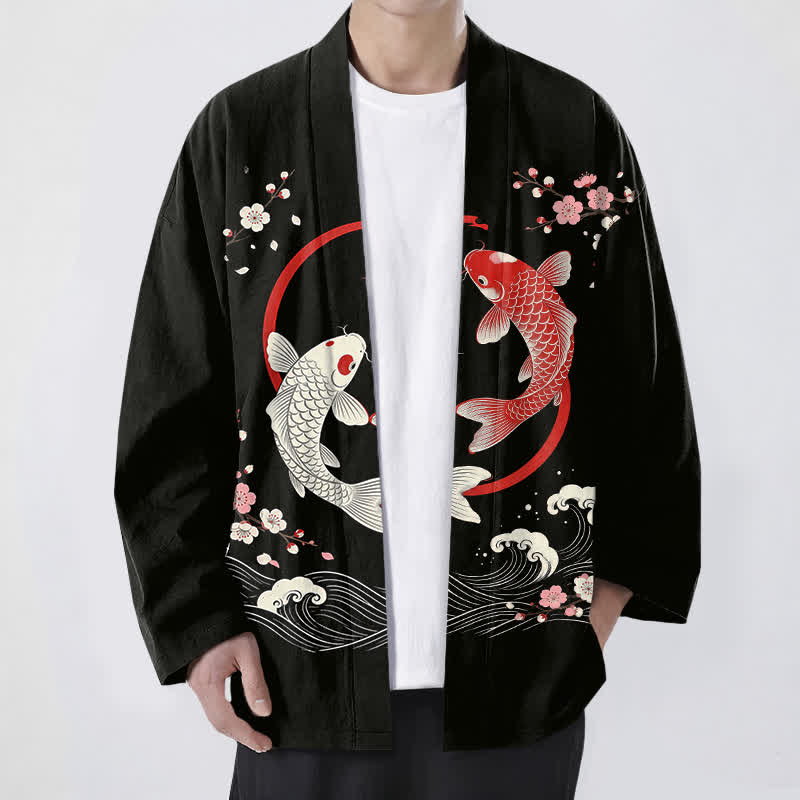 Buddha Stones Kimono de hombre de algodón con estampado de olas de carpas koi y flores de cerezo, con frente abierto. - Negro - US/UK/AU48, UE58 (4XL) - image 9