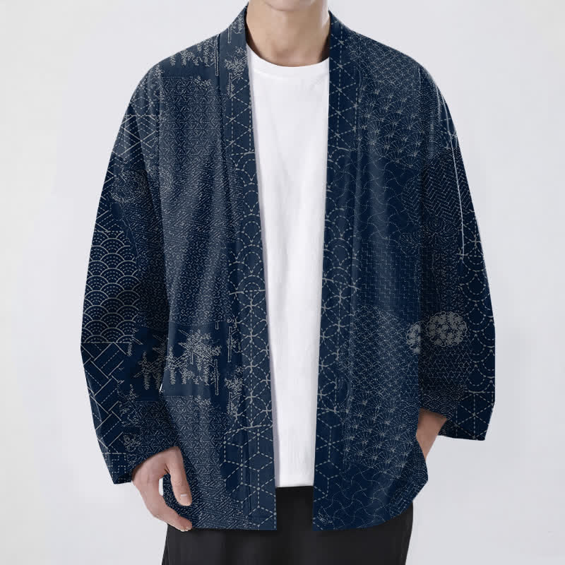 Buddha Stones Kimono de hombre con estampado Seigaiha Asanoha de algodón y frente abierto. - Marina de guerra - US/UK/AU48, UE58 (4XL) - image 0
