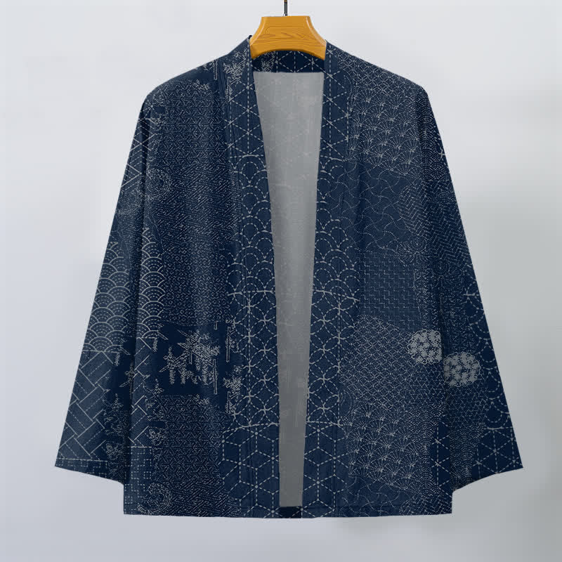 Buddha Stones Kimono de hombre con estampado Seigaiha Asanoha de algodón y frente abierto. - image 1