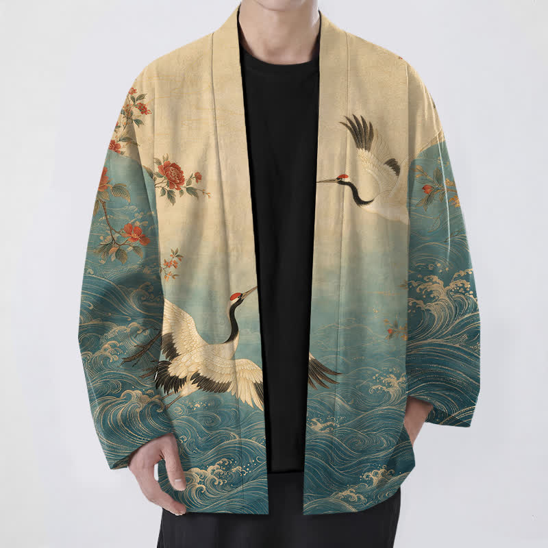 Buddha Stones Kimono de hombre con frente abierto, estampado floral de grullas y algodón blanco. - Verde azulado - US/UK/AU48, UE58 (4XL) - image 0