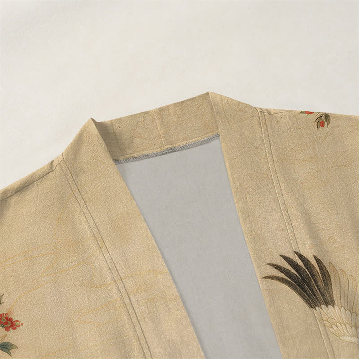 Buddha Stones Kimono de hombre con frente abierto, estampado floral de grullas y algodón blanco. - image 3
