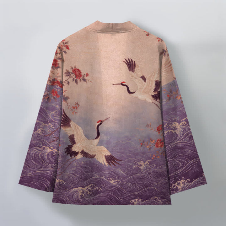 Buddha Stones Kimono de hombre con frente abierto, estampado floral de grullas y algodón blanco. - image 8