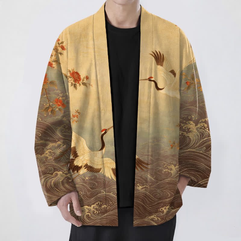 Buddha Stones Kimono de hombre con frente abierto, estampado floral de grullas y algodón blanco. - Vara de oro oscura - US/UK/AU48, UE58 (4XL) - image 9