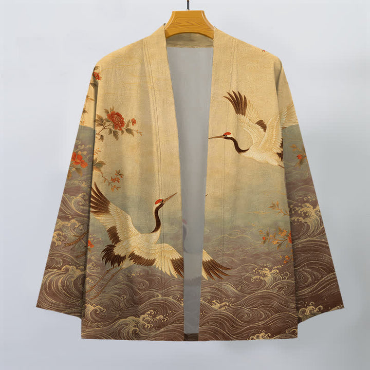Buddha Stones Kimono de hombre con frente abierto, estampado floral de grullas y algodón blanco. - image 10