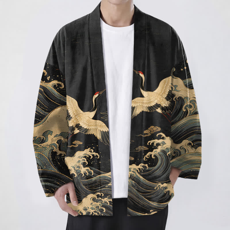 Buddha Stones Kimono de hombre con frente abierto, estampado de grulla dorada y ondas, de algodón. - Negro - US/UK/AU48, UE58 (4XL) - image 0