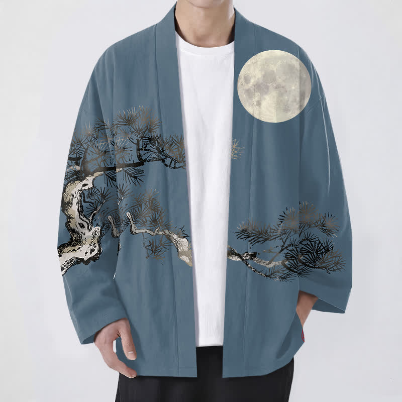 Buddha Stones Kimono de algodón con estampado de pino y luna llena para hombre, con frente abierto. - Azul acero - US/UK/AU48, UE58 (4XL) - image 0