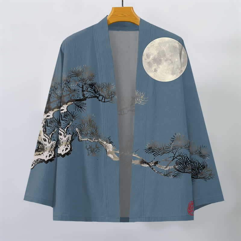 Buddha Stones Kimono de algodón con estampado de pino y luna llena para hombre, con frente abierto. - image 1