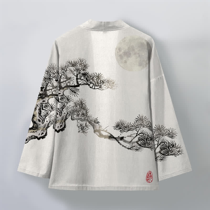 Buddha Stones Kimono de algodón con estampado de pino y luna llena para hombre, con frente abierto. - image 8