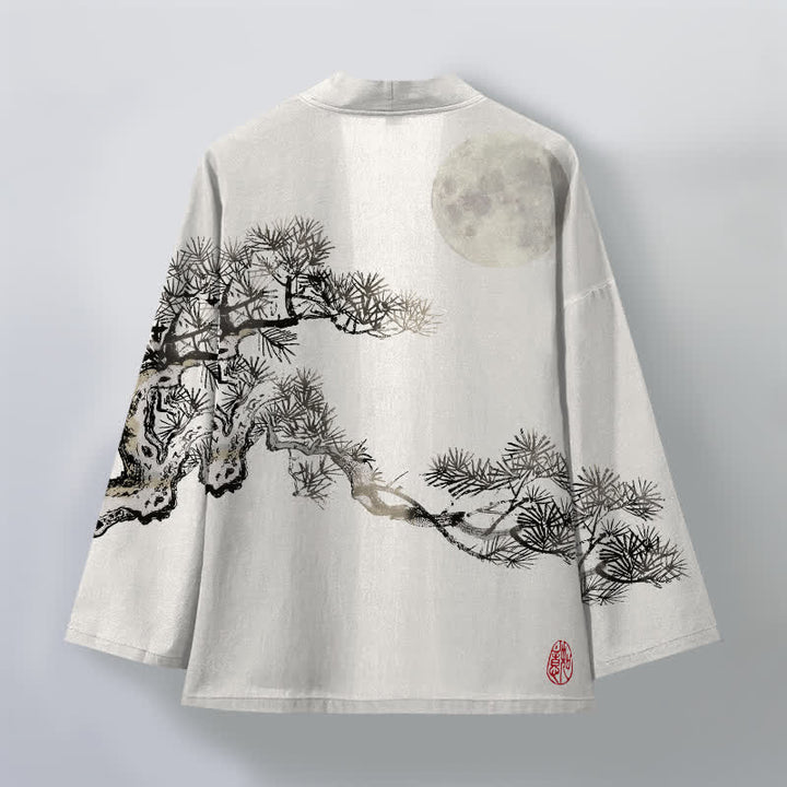 Buddha Stones Kimono de algodón con estampado de pino y luna llena para hombre, con frente abierto. - image 8