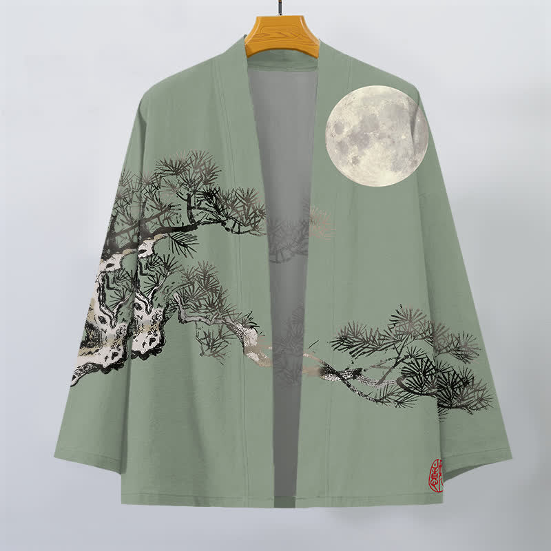 Buddha Stones Kimono de algodón con estampado de pino y luna llena para hombre, con frente abierto. - image 10