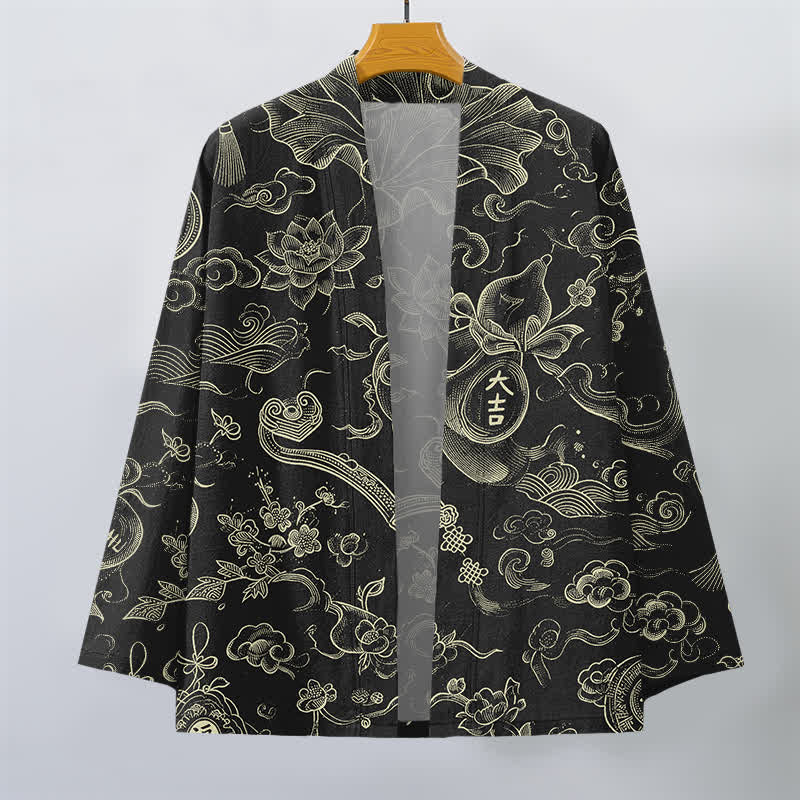Buddha Stones Kimono de hombre de algodón con estampado de nubes de loto y frente abierto - image 1
