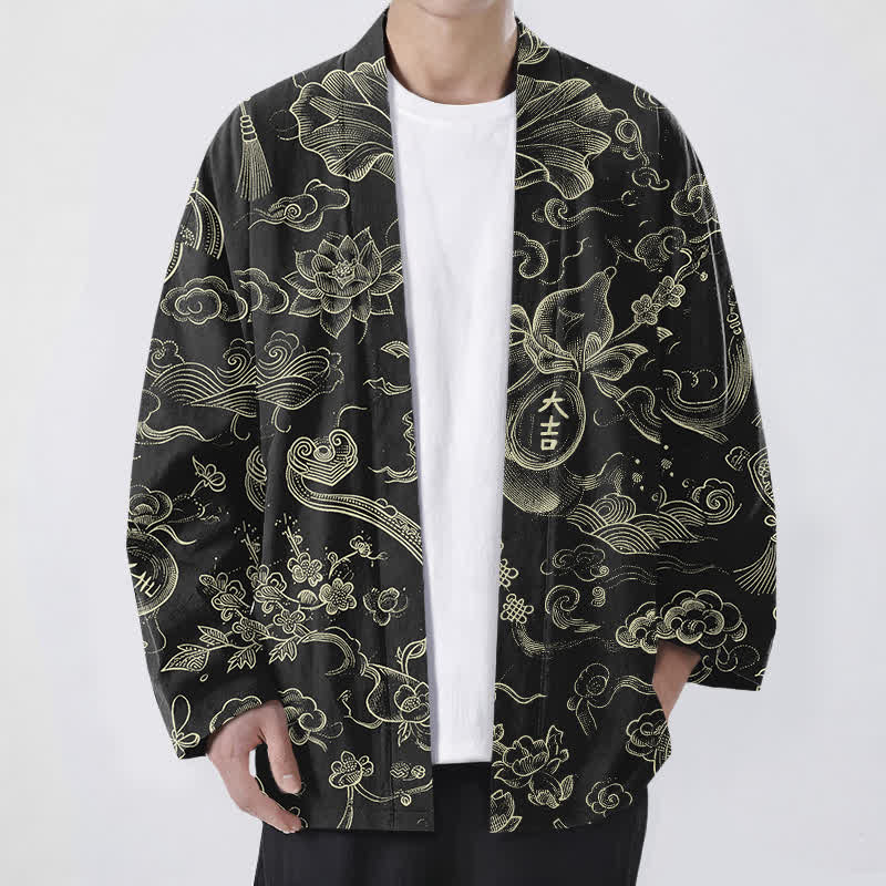 Buddha Stones Kimono de hombre de algodón con estampado de nubes de loto y frente abierto - Negro - US/UK/AU48, UE58 (4XL) - image 0