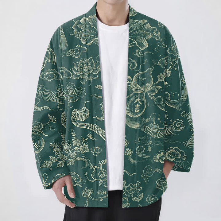 Buddha Stones Kimono de hombre de algodón con estampado de nubes de loto y frente abierto - Verdemar - US/UK/AU48, UE58 (4XL) - image 6