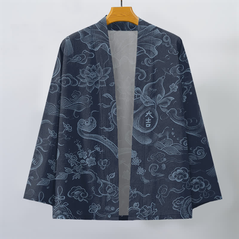Buddha Stones Kimono de hombre de algodón con estampado de nubes de loto y frente abierto - image 10