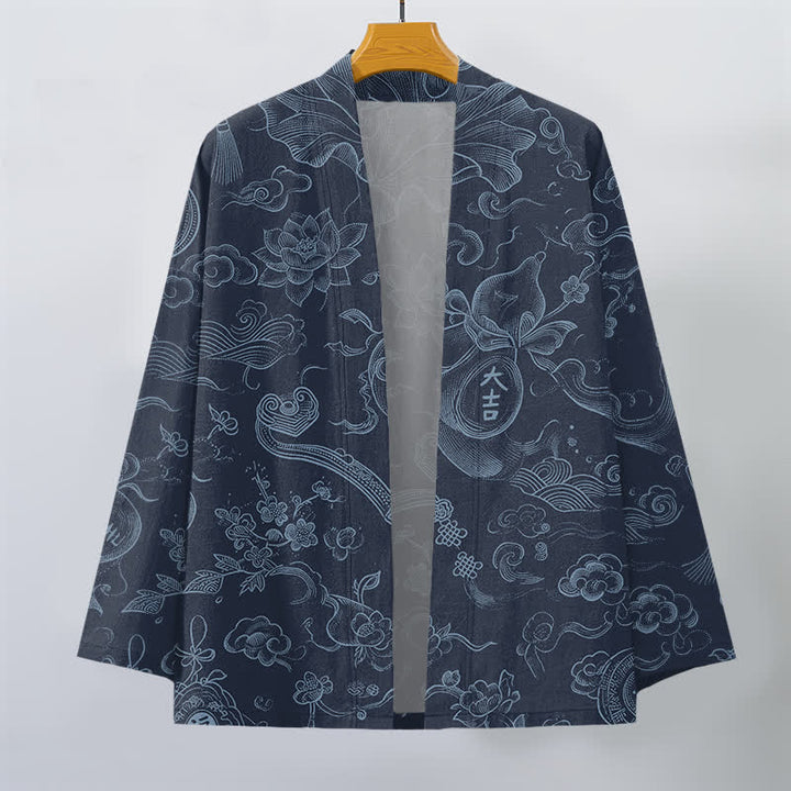 Buddha Stones Kimono de hombre de algodón con estampado de nubes de loto y frente abierto - image 10