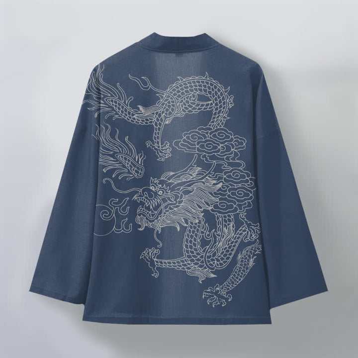 Buddha Stones Kimono de hombre de algodón blanco con estampado de dragón y nube, abertura frontal. - image 2