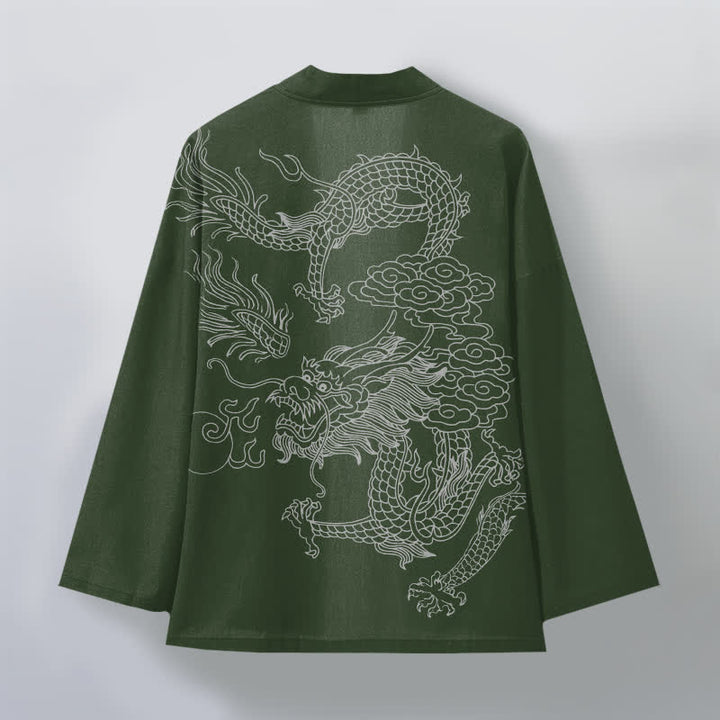 Buddha Stones Kimono de hombre de algodón blanco con estampado de dragón y nube, abertura frontal. - image 8