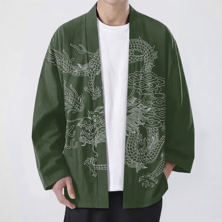 Buddha Stones Kimono de hombre de algodón blanco con estampado de dragón y nube, abertura frontal. - Verde oscuro - US/UK/AU48, UE58 (4XL) - image 6