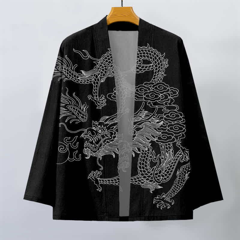 Buddha Stones Kimono de hombre de algodón blanco con estampado de dragón y nube, abertura frontal. - image 10