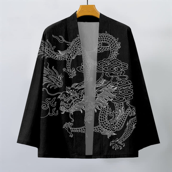 Buddha Stones Kimono de hombre de algodón blanco con estampado de dragón y nube, abertura frontal. - image 10