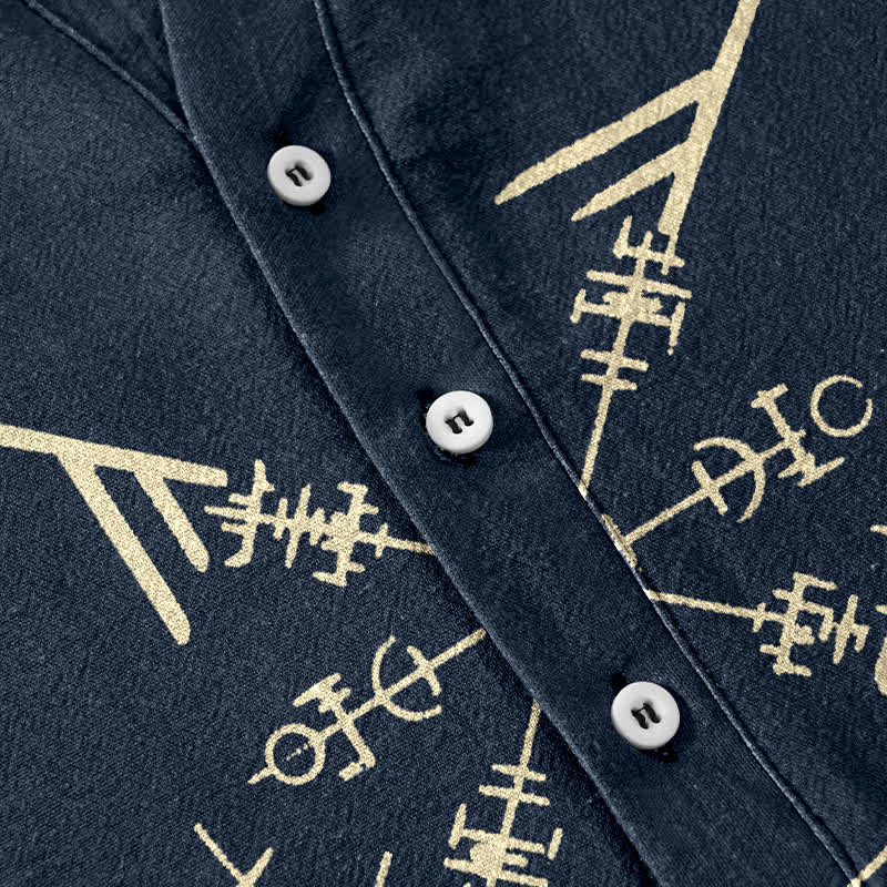 Buddha Stones Camisa de manga corta con medio botón y estampado geométrico tribal de runas para hombre, de algodón. - image 3