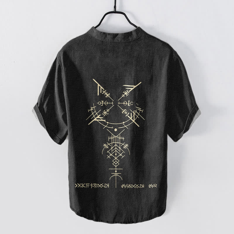 Buddha Stones Camisa de manga corta con medio botón y estampado geométrico tribal de runas para hombre, de algodón. - image 6