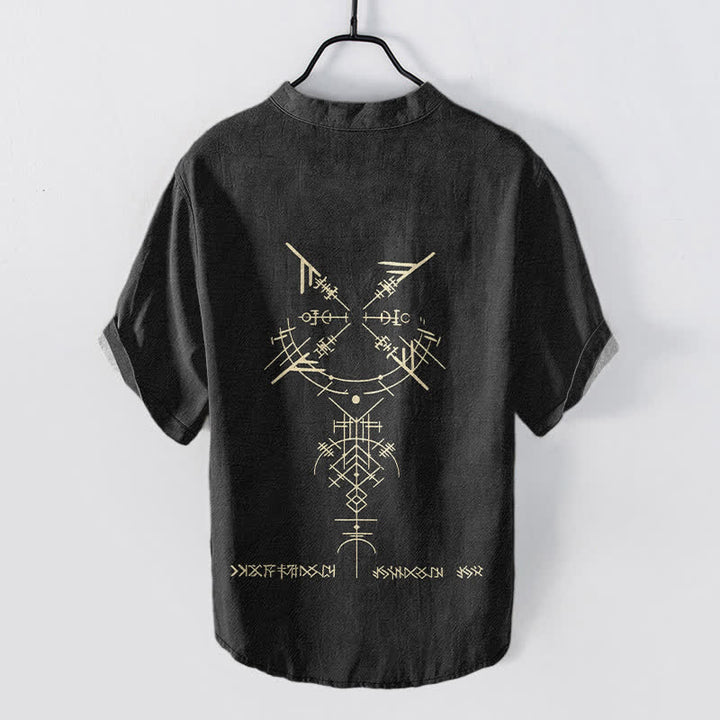 Buddha Stones Camisa de manga corta con medio botón y estampado geométrico tribal de runas para hombre, de algodón. - image 6