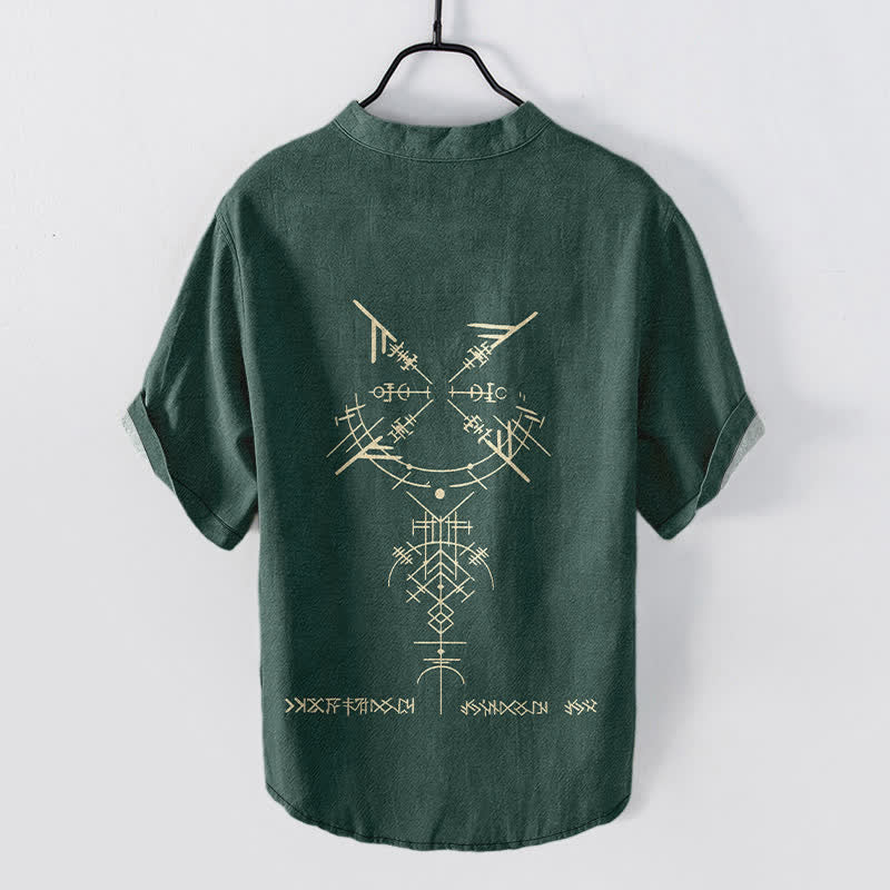 Buddha Stones Camisa de manga corta con medio botón y estampado geométrico tribal de runas para hombre, de algodón. - image 8
