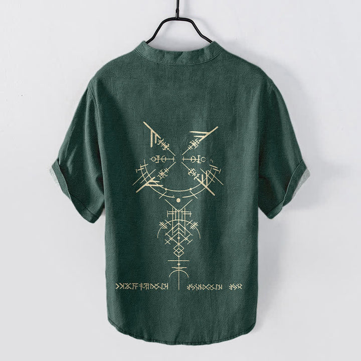 Buddha Stones Camisa de manga corta con medio botón y estampado geométrico tribal de runas para hombre, de algodón. - image 8