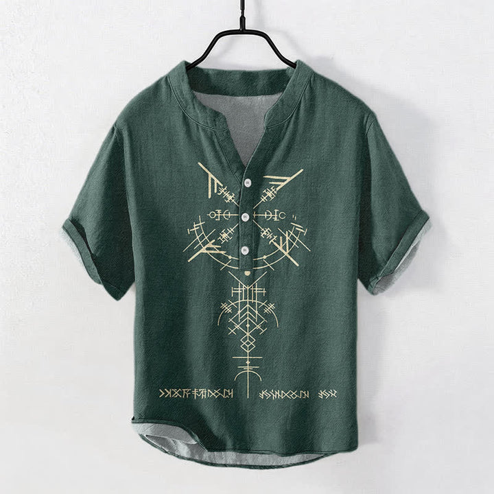 Buddha Stones Camisa de manga corta con medio botón y estampado geométrico tribal de runas para hombre, de algodón. - Verde oscuro - US/UK/AU50, EU60 (5XL) - image 7