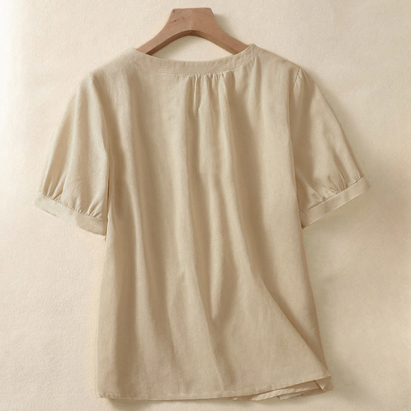 Camisa de lino de manga corta con cuello redondo y botones, estilo casual para mujer, con estampado de Buddha Stones. - image 1
