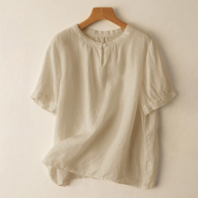 Camisa de lino de manga corta con cuello redondo y botones, estilo casual para mujer, con estampado de Buddha Stones. - Beige - US8-10，UK/AU12-14，EU40-42 (2XL) - image 0