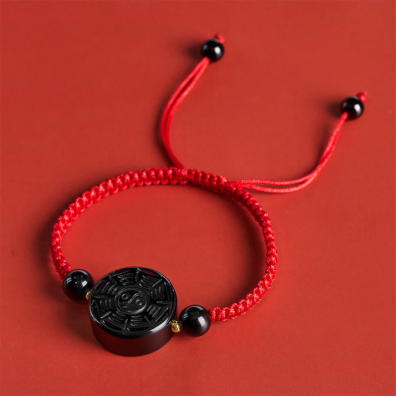 Buddha Stones Pulsera redonda de bendición Bagua de obsidiana negra con hilo rojo - image 2