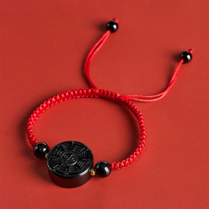 Buddha Stones Pulsera redonda de bendición Bagua de obsidiana negra con hilo rojo - image 2