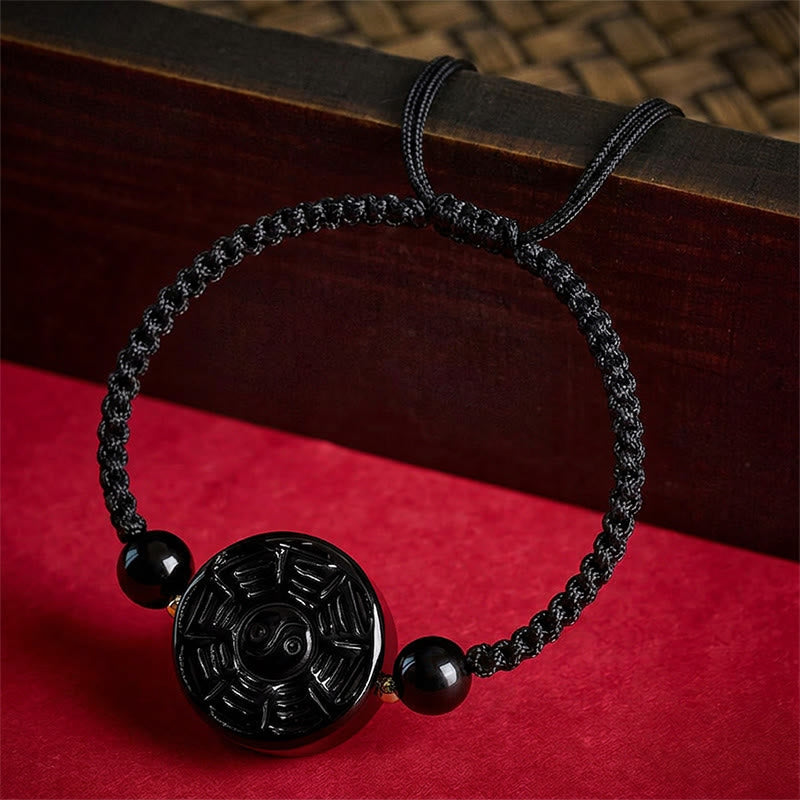 Buddha Stones Pulsera redonda de bendición Bagua de obsidiana negra con hilo rojo - image 9