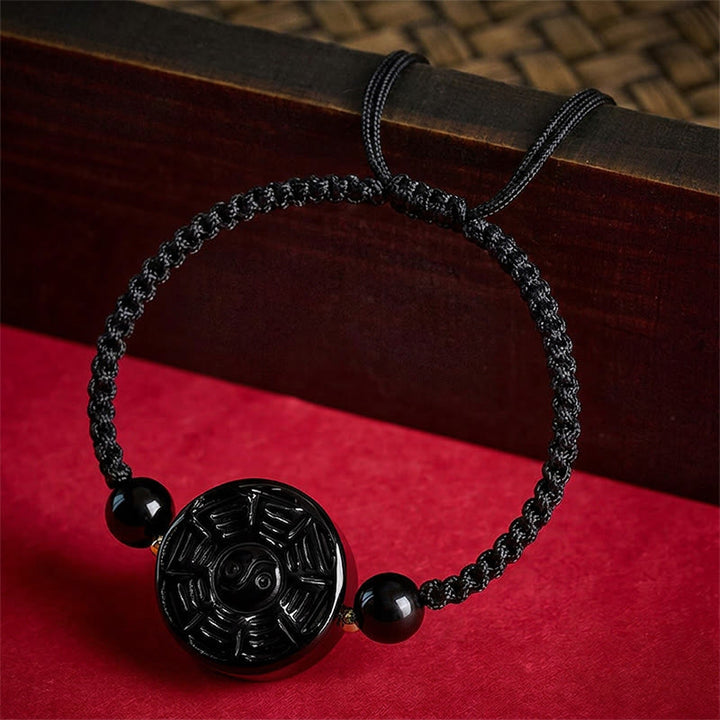 Buddha Stones Pulsera redonda de bendición Bagua de obsidiana negra con hilo rojo - image 9