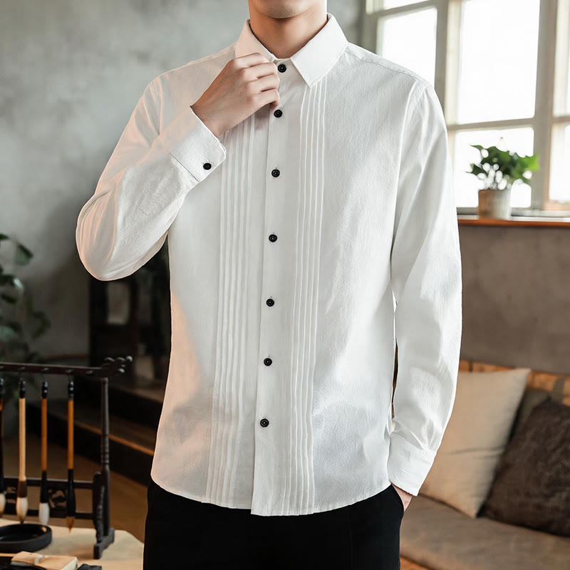 Buddha Stones Camisas de manga larga para hombre, estilo minimalista, con botones y pliegues, ideales para la primavera. - image 1