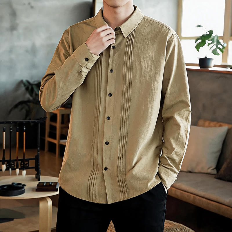 Buddha Stones Camisas de manga larga para hombre, estilo minimalista, con botones y pliegues, ideales para la primavera. - image 15