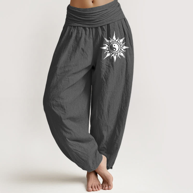 Buddha Stones Pantalones harem de algodón puro con estampado de sol y yin para mujer con cintura elástica. - Gris oscuro - US16，UK/AU20，EU48 (3XL) - image 8
